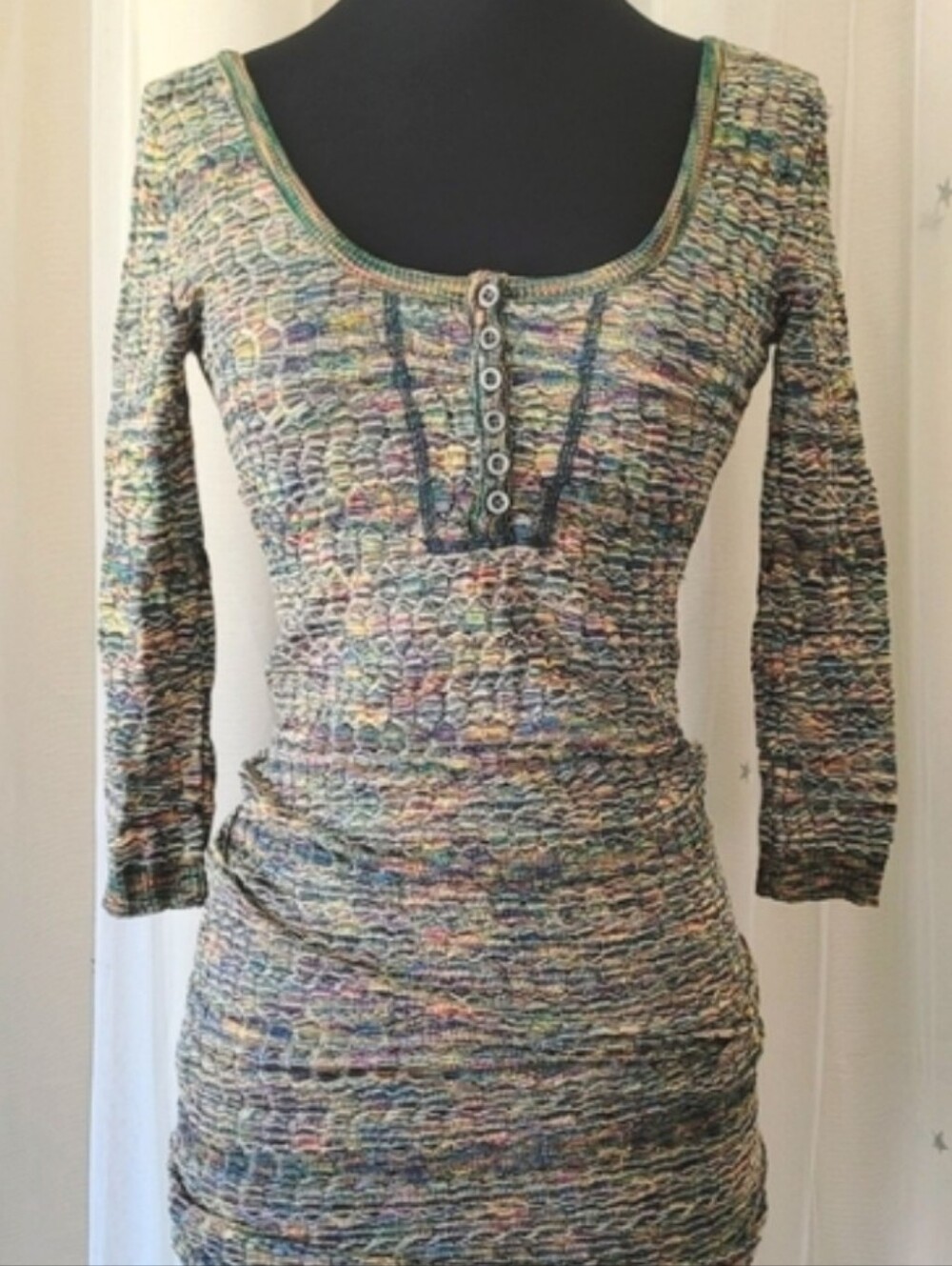 Free People Multicolor Scoop Neck Henley Knit Mini Bodycon Dress Knit Medium